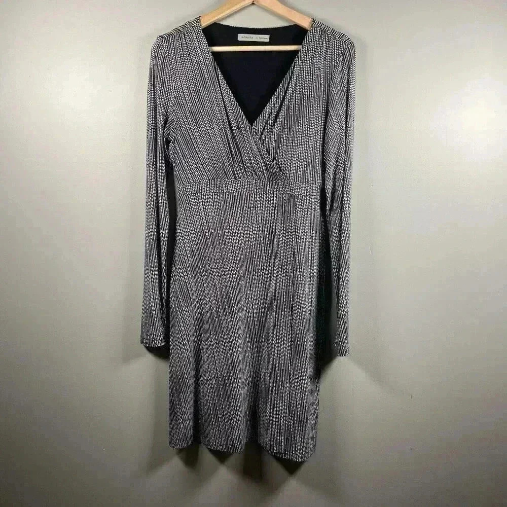 Athleta Wrap It Up Dress Long Sleeve V Neck‎ Black Polka Dot Stretch Size XS